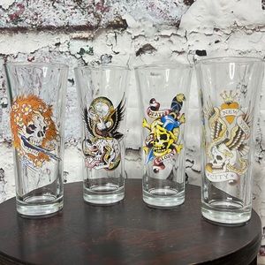 Ed Hardy set of 4 tall drinking glasses